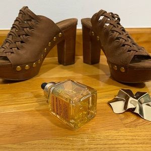 Michael Kors brown heels size 7 styled with tacks